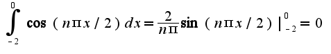 $\int_{-2}^{0}\cos(n\pi x/2)dx=\frac{2}{n\pi}\sin(n\pi x/2)|_{-2}^{0}=0$