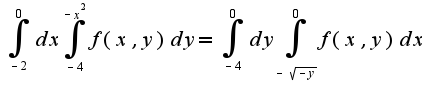 $\int_{-2}^{0}dx\int_{-4}^{-x^2}f(x,y)dy=\int_{-4}^{0}dy\int_{-\sqrt{-y}}^{0}f(x,y)dx$