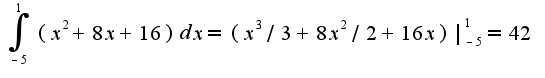 $\int_{-5}^{1}(x^2+8x+16)dx=(x^3/3+8x^2/2+16x)|_{-5}^{1}=42$