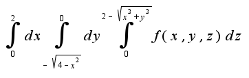 $\int_{0}^{2}dx\int_{-\sqrt{4-x^2}}^{0}dy\int_{0}^{2-\sqrt{x^2+y^2}}f(x,y,z)dz$