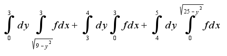 $\int_{0}^{3}dy\int_{\sqrt{9-y^2}}^{3}fdx+\int_{3}^{4}dy\int_{0}^{3}fdx+\int_{4}^{5}dy\int_{0}^{\sqrt{25-y^2}}fdx$