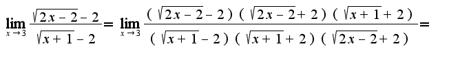 $\lim _{x\rightarrow 3}\frac{\sqrt{2x-2}-2}{\sqrt{x+1}-2}=\lim _{x\rightarrow 3}\frac{(\sqrt{2x-2}-2)(\sqrt{2x-2}+2)(\sqrt{x+1}+2)}{(\sqrt{x+1}-2)(\sqrt{x+1}+2)(\sqrt{2x-2}+2)}=$