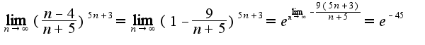 $\lim_{n\rightarrow \infty}(\frac{n-4}{n+5})^{5n+3}=\lim_{n\rightarrow \infty}(1-\frac{9}{n+5})^{5n+3}=e^{\lim_{n\rightarrow \infty}-\frac{9(5n+3)}{n+5}}=e^{-45}$