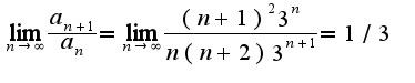 $\lim_{n\rightarrow \infty}\frac{a_{n+1}}{a_{n}}=\lim_{n\rightarrow \infty}\frac{(n+1)^{2}3^{n}}{n(n+2)3^{n+1}}=1/3$