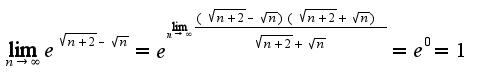 $\lim_{n\rightarrow \infty}e^{\sqrt{n+2}-\sqrt{n}}=e^{\lim_{n\rightarrow \infty}\frac{(\sqrt{n+2}-\sqrt{n})(\sqrt{n+2}+\sqrt{n})}{\sqrt{n+2}+\sqrt{n}}}=e^{0}=1$