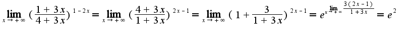 $\lim_{x\rightarrow +\infty}(\frac{1+3x}{4+3x})^{1-2x}=\lim_{x\rightarrow +\infty}(\frac{4+3x}{1+3x})^{2x-1}=\lim_{x\rightarrow +\infty}(1+\frac{3}{1+3x})^{2x-1}=e^{\lim_{x\rightarrow +\infty}\frac{3(2x-1)}{1+3x}}=e^{2}$