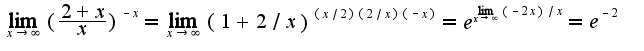 $\lim_{x\rightarrow \infty}(\frac{2+x}{x})^{-x}=\lim_{x\rightarrow \infty}(1+2/x)^{(x/2)(2/x)(-x)}=e^{\lim_{x\rightarrow \infty}(-2x)/x}=e^{-2}$