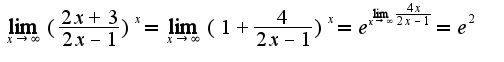 $\lim_{x\rightarrow \infty}(\frac{2x+3}{2x-1})^{x}=\lim_{x\rightarrow \infty}(1+\frac{4}{2x-1})^{x}=e^{\lim_{x\rightarrow \infty}\frac{4x}{2x-1}}=e^2$