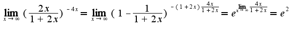 $\lim_{x\rightarrow \infty}(\frac{2x}{1+2x})^{-4x}=\lim_{x\rightarrow \infty}(1-\frac{1}{1+2x})^{-(1+2x)\frac{4x}{1+2x}}=e^{\lim_{x\rightarrow \infty}\frac{4x}{1+2x}}=e^{2}$