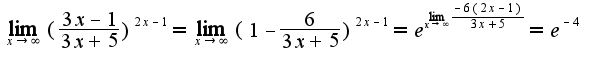 $\lim_{x\rightarrow \infty}(\frac{3x-1}{3x+5})^{2x-1}=\lim_{x\rightarrow \infty}(1-\frac{6}{3x+5})^{2x-1}=e^{\lim_{x\rightarrow \infty}\frac{-6(2x-1)}{3x+5}}=e^{-4}$