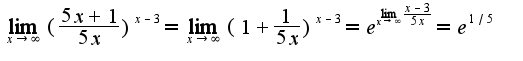 $\lim_{x\rightarrow \infty}(\frac{5x+1}{5x})^{x-3}=\lim_{x\rightarrow \infty}(1+\frac{1}{5x})^{x-3}=e^{\lim_{x\rightarrow \infty}\frac{x-3}{5x}}=e^{1/5}$