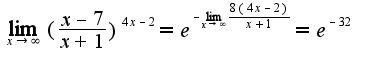 $\lim_{x\rightarrow \infty}(\frac{x-7}{x+1})^{4x-2}=e^{-\lim_{x\rightarrow \infty}\frac{8(4x-2)}{x+1}}=e^{-32}$