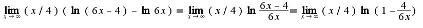 $\lim_{x\rightarrow \infty}(x/4)(\ln(6x-4)-\ln6x)=\lim_{x\rightarrow \infty}(x/4)\ln\frac{6x-4}{6x}=\lim_{x\rightarrow \infty}(x/4)\ln(1-\frac{4}{6x})$