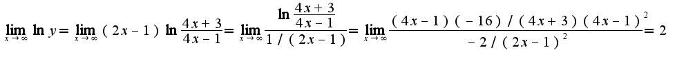 $\lim_{x\rightarrow \infty}\ln y=\lim_{x\rightarrow \infty}(2x-1)\ln\frac{4x+3}{4x-1}=\lim_{x\rightarrow \infty}\frac{\ln\frac{4x+3}{4x-1}}{1/(2x-1)}=\lim_{x\rightarrow \infty}\frac{(4x-1)(-16)/(4x+3)(4x-1)^2}{-2/(2x-1)^2}=2$