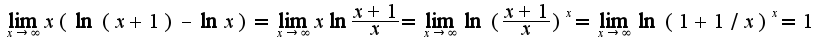 $\lim_{x\rightarrow \infty}x(\ln(x+1)-\ln x)=\lim_{x\rightarrow \infty}x\ln\frac{x+1}{x}=\lim_{x\rightarrow \infty}\ln(\frac{x+1}{x})^{x}=\lim_{x\rightarrow \infty}\ln(1+1/x)^{x}=1$