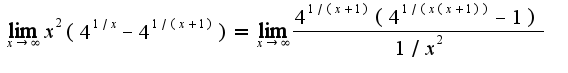 $\lim_{x\rightarrow \infty}x^2(4^{1/x}-4^{1/(x+1)})=\lim_{x\rightarrow \infty}\frac{4^{1/(x+1)}(4^{1/(x(x+1))}-1)}{1/x^2}$