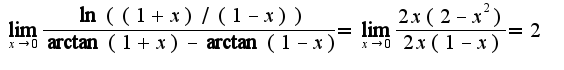 $\lim_{x\rightarrow 0}\frac{\ln((1+x)/(1-x))}{\arctan (1+x)-\arctan(1-x)}=\lim_{x\rightarrow 0}\frac{2x(2-x^2)}{2x(1-x)}=2$