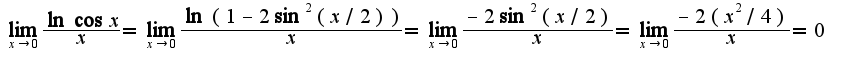 $\lim_{x\rightarrow 0}\frac{\ln\cos x}{x}=\lim_{x\rightarrow 0}\frac{\ln(1-2\sin^{2}(x/2))}{x}=\lim_{x\rightarrow 0}\frac{-2\sin^{2}(x/2)}{x}=\lim_{x\rightarrow 0}\frac{-2(x^2/4)}{x}=0$