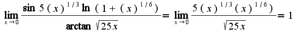 $\lim_{x\rightarrow 0}\frac{\sin5(x)^{1/3}\ln(1+(x)^{1/6})}{\arctan \sqrt{25x}}=\lim_{x\rightarrow 0}\frac{5(x)^{1/3}(x)^{1/6})}{ \sqrt{25x}}=1$