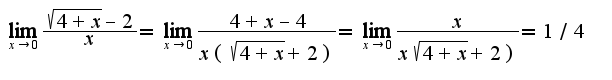 $\lim_{x\rightarrow 0}\frac{\sqrt{4+x}-2}{x}=\lim_{x\rightarrow 0}\frac{4+x-4}{x(\sqrt{4+x}+2)}=\lim_{x\rightarrow 0}\frac{x}{x\sqrt{4+x}+2)}=1/4$