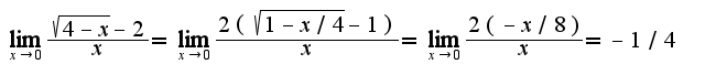 $\lim_{x\rightarrow 0}\frac{\sqrt{4-x}-2}{x}=\lim_{x\rightarrow 0}\frac{2(\sqrt{1-x/4}-1)}{x}=\lim_{x\rightarrow 0}\frac{2(-x/8)}{x}=-1/4$