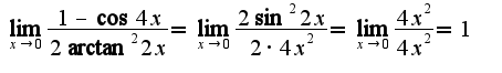 $\lim_{x\rightarrow 0}\frac{1-\cos 4x}{2\arctan^2 2x}=\lim_{x\rightarrow 0}\frac{2\sin^2 2x}{2\cdot4x^2}=\lim_{x\rightarrow 0}\frac{4x^2}{4x^2}=1$