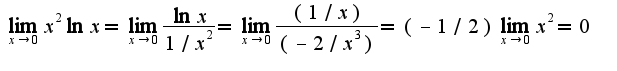 $\lim_{x\rightarrow 0}x^2\ln x=\lim_{x\rightarrow 0}\frac{\ln x}{1/x^2}=\lim_{x\rightarrow 0}\frac{(1/x)}{(-2/x^3)}=(-1/2)\lim_{x\rightarrow 0}x^2=0$