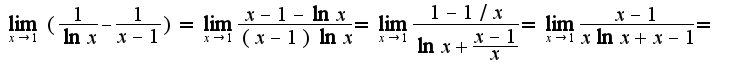 $\lim_{x\rightarrow 1}(\frac{1}{\ln x}-\frac{1}{x-1})=\lim_{x\rightarrow 1}\frac{x-1-\ln x}{(x-1)\ln x}=\lim_{x\rightarrow 1}\frac{1-1/x}{\ln x+\frac{x-1}{x}}=\lim_{x\rightarrow 1}\frac{x-1}{x\ln x+x-1}=$