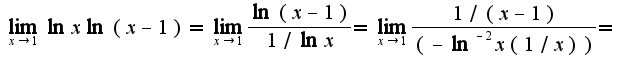 $\lim_{x\rightarrow 1}\ln x\ln(x-1)=\lim_{x\rightarrow 1}\frac{\ln(x-1)}{1/\ln x}=\lim_{x\rightarrow 1}\frac{1/(x-1)}{(-\ln^{-2}x(1/x))}=$