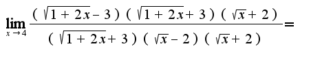$\lim_{x\rightarrow 4}\frac{(\sqrt{1+2x}-3)(\sqrt{1+2x}+3)(\sqrt{x}+2)}{(\sqrt{1+2x}+3)(\sqrt{x}-2)(\sqrt{x}+2)}=$