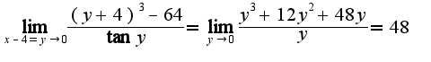 $\lim_{x-4=y\rightarrow 0}\frac{(y+4)^3-64}{\tan y}=\lim_{y\rightarrow 0}\frac{y^3+12y^2+48 y}{y}=48$