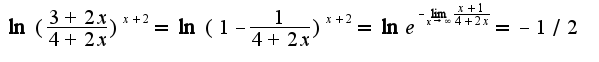 $\ln(\frac{3+2x}{4+2x})^{x+2}=\ln(1-\frac{1}{4+2x})^{x+2}=\ln e^{-\lim_{x\rightarrow \infty}\frac{x+1}{4+2x}}=-1/2$