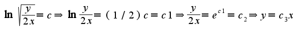 $\ln \sqrt{\frac{y}{2x}}=c\Rightarrow \ln\frac{y}{2x}=(1/2)c=c1\Rightarrow \frac{y}{2x}=e^{c1}=c_{2}\Rightarrow y=c_{3}x$
