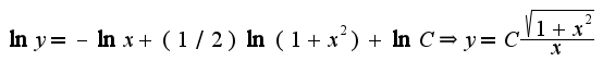 $\ln y=-\ln x+(1/2)\ln(1+x^2)+\ln C\Rightarrow y=C\frac{\sqrt{1+x^2}}{x}$