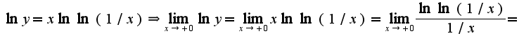 $\ln y=x\ln\ln(1/x)\Rightarrow \lim_{x\rightarrow +0}\ln y=\lim_{x\rightarrow +0}x\ln\ln(1/x)=\lim_{x\rightarrow +0}\frac{\ln\ln(1/x)}{1/x}=$