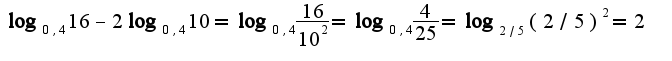 $\log_{0,4}16-2\log_{0,4}10=\log_{0,4}\frac{16}{10^2}=\log_{0,4}\frac{4}{25}=\log_{2/5}(2/5)^2=2$