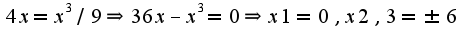 $4x=x^3/9\Rightarrow 36x-x^3=0\Rightarrow x1=0,x2,3=\pm 6$
