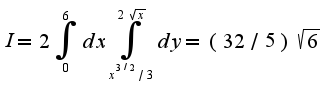 $I=2\int_{0}^{6}dx\int_{x^{3/2}/3}^{2\sqrt{x}}dy=(32/5)\sqrt{6}$