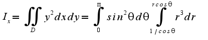 $I_x=\iint_{D} y^2 dx dy = \int_{0}^{\pi}{sin^2\theta d \theta}\int_{1/cos\theta}^{r cos\theta}{r^3 dr}$