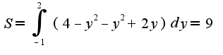 $S=\int_{-1}^{2}(4-y^2-y^2+2y)dy=9$
