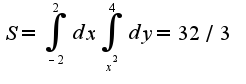 $S=\int_{-2}^{2}dx\int_{x^2}^{4}dy=32/3$