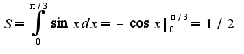 $S=\int_{0}^{\pi/3}\sin xdx=-\cos x|_{0}^{\pi/3}=1/2$