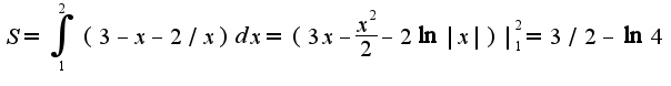 $S=\int_{1}^{2}(3-x-2/x)dx=(3x-\frac{x^2}{2}-2\ln |x|)|_{1}^{2}=3/2-\ln 4 $