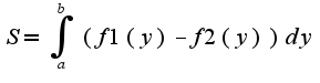 $S=\int_{a}^{b}(f1(y)-f2(y))dy$