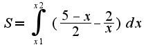 $S=\int_{x1}^{x2}(\frac{5-x}{2}-\frac{2}{x})dx$