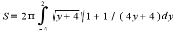 $S=2\pi\int_{-4}^{2}\sqrt{y+4}\sqrt{1+1/(4y+4)}dy$