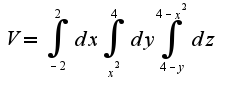 $V=\int_{-2}^{2}dx\int_{x^2}^{4}dy\int_{4-y}^{4-x^2}dz$