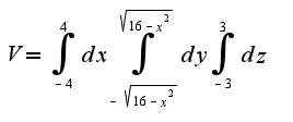 $V=\int_{-4}^{4}{dx}\int_{-\sqrt{16-x^2}}^{\sqrt{16-x^2}}{dy}\int_{-3}^{3}{dz}$