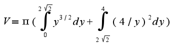 $V=\pi(\int_{0}^{2\sqrt{2}}y^{3/2}dy+\int_{2\sqrt{2}}^{4}(4/y)^2dy)$