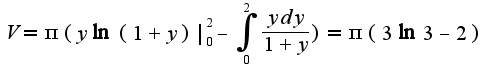 $V=\pi(y\ln(1+y)|_{0}^{2}-\int_{0}^{2}\frac{ydy}{1+y})=\pi(3\ln 3-2)$